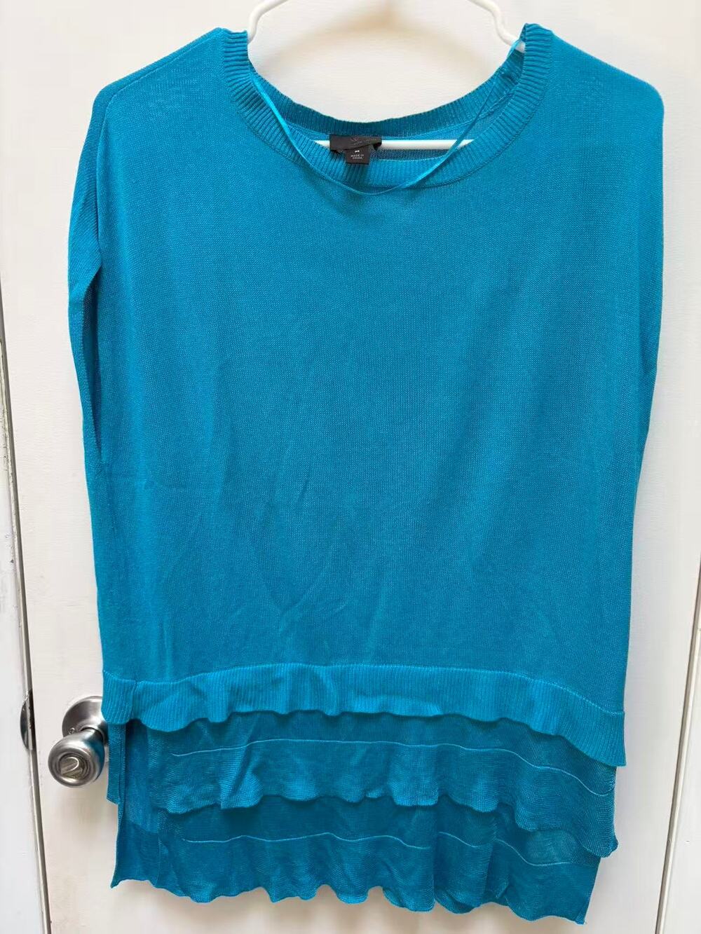 Worthington Teal Turquoise Fine Knit Ruffle Hem Hi-Low Sleeveless Top Sweater M